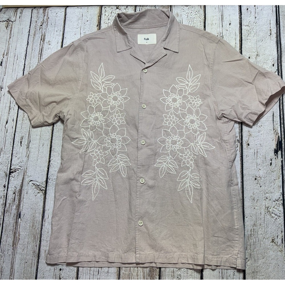 Folk Clothing Men M Linen Blend "Healey" Embroidered Camp Button Up Shirt Resort